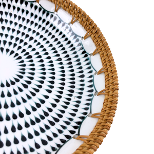 Assiette ronde en céramique faite à la main motif géométrique noir plat de service décoratif en rotin tissé écologique pour la fête à la maison - Product Image 2