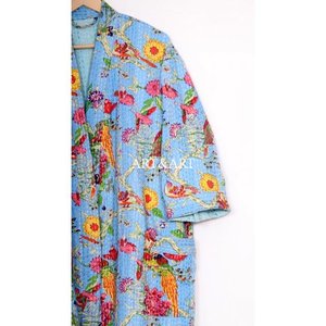 Kimono en coton fait main pour femme, patchwork Kantha, col en V, manches longues, respirant, double couche, poches, ceinture naturelle, été-printemps - Product Image 3