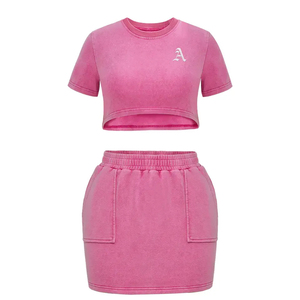 Custom OEM Acid Wash 100 _ เสื้อเชิ้ตและกระโปรงผ้าฝ้ายผู้หญิงชุดโลโก้ที่กําหนดเองฤดูร้อน Crop Top เสื้อและกระโปรงชุดสั้นผู้หญิง - Product Image 6