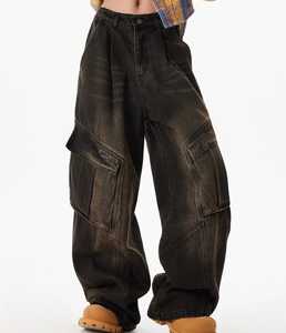 Pantaloni in Denim Cargo di cotone nero lavato in pietra moda Street Wear <span class=keywords><strong>Jeans</strong></span> da <span class=keywords><strong>donna</strong></span> con motivo estivo a gamba dritta - Product Image 2