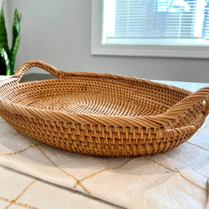 Home Decor Eco-Friendly Multifunction Rattan <b>Woven</b> Storage <b>Basket</b> Handles Large Oval Shape for Coffee Serving Bread Storage - Product Image 1