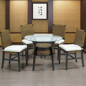Comfortable Asian Dining Set with Rattan <b>Frame</b> ATHENA <b>Antique</b> Design Dining Room Furniture for Apartment Villa & Hotel Use - Product Image 1