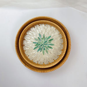 Ensemble de plateaux décoratifs ronds en osier, best-seller, tissage à la main, rotin naturel, mosaïque, incrustations de nacre - Product Image 2