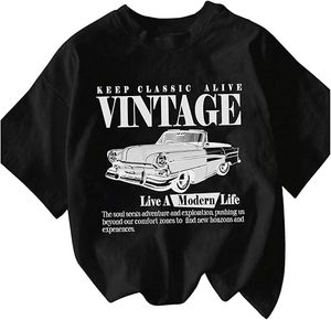Camiseta de mujer con estampado gráfico de letras, cuello redondo, hombros caídos, estilo moderno de verano, manga corta, top con estampado de coche vintage - Product Image 3