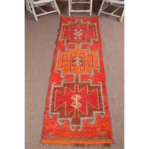 2.4x9.1 ft Turkish Herki Rug, <b>Red</b> Southwestern Vintage <b>Wool</b> Rug - Product Image 1