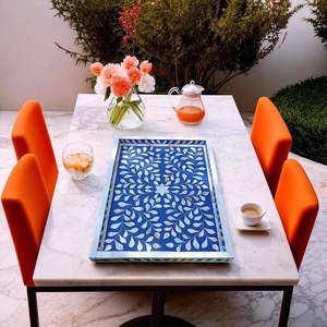 Plateau de service en marbre de style arabe indien incrustation d'os et plateau de petit-déjeuner en perles de résine de nacre pour la nourriture par l'artisanat en croissant - Product Image 3
