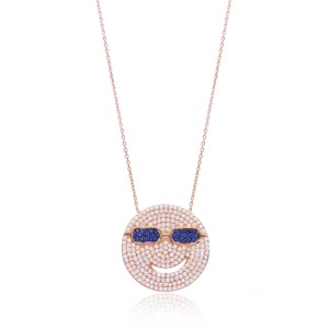 Collar con Forma de Cara Sonriente con Circonita Transparente y Cristales de Zafiro, Joyería Artesanal Turca de Plata de Ley 925 al por Mayor - Product Image 1