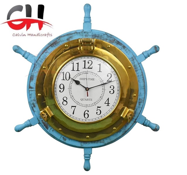 CH 24" Nautical Art Deco Porthole Wall Clock with Wooden Ship Wheel Solar Powered Brass and Wood Decor