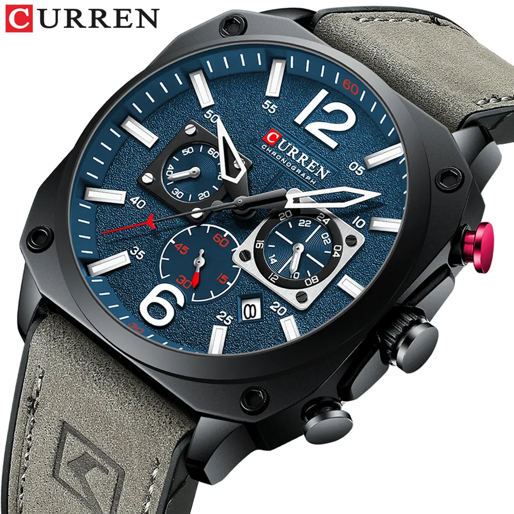 Curren 8398 Đồng hồ nam thời trang chống nước đa chức năng Chronograph đồng hồ da sáu kim lịch đồng hồ thạch anh dạ quang