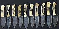 Pisau Skinner Baja Damaskus 8-Inci OEM dengan Gagang Tulang Berukir Indah, Lot 20 Buah Buatan Tangan Termasuk Lembaran Kulit