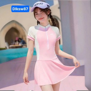 Maillot de bain 2 pièces Micro solide pour femmes de haute qualité Nylon-Spandex imperméable à séchage rapide 4 voies extensible imprimé jupe une pièce avant - Product Image 4