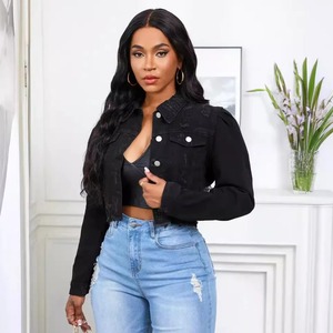 Personnaliser la veste en denim tricoté en détresse Design élégant de qualité supérieure lavé femme à capuche en coton respirant avec des diamants - Product Image 4