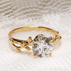 Bague de fiançailles Moissanite coupe ronde 10mm | Feuille de vigne Design Solitaire | OEM de bijoux fins de mariage de mariée en or ou en argent - Product Image 1