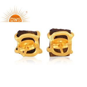 Último diseño hecho a mano 18K chapado en oro Natural amarillo Ojo de Tigre piedra preciosa Stud pendiente Demi joyería fina fabricante - Product Image 5