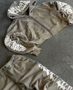 Ensemble de survêtement unisexe personnalisé OEM en coton imprimé délavé à l'acide, avec pantalon de jogging évasé brodé et sweat à capuche zippé - Product Image 6