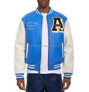 Veste universitaire pour homme OEM, écologique, logo brodé personnalisé, patchwork en chenille, veste bomber en cuir bleu - Product Image 1