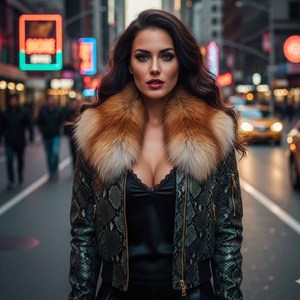 Veste de motard en cuir véritable à carreaux pour femme avec col en fourrure de renard, coupe-vent, streetwear d'hiver, fermeture éclair - Product Image 2