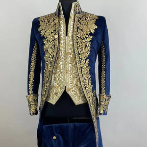Designer tendance bleu marine Sherwani et pantalon avec de belles perles de verre en cristal ornées, Resham, travail de broderie Kasab = 2025 - Product Image 1