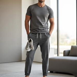 Camiseta para correr para hombre, conjunto de dos piezas, 100% de algodón, ropa para correr, camiseta, chándal, camiseta de verano con cuello redondo, pantalón con cordón - Product Image 1