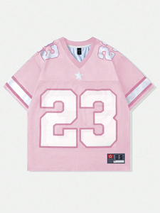 Camiseta Deportiva Rosa de Malla, Secado Rápido, Transpirable, Cuello en V, Manga Corta, para Fútbol, con Número y Letra Personalizados, Estilo Urbano, Tops con Diseño de Bandera - Product Image 3