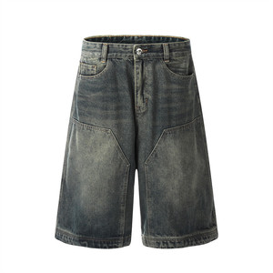 PUNK jorts กางเกงขาสั้นผ้ายีนส์ฟอก, กางเกงยีนส์ขาสั้นขากว้างแบบเย็บปะต่อสำหรับผู้ชาย