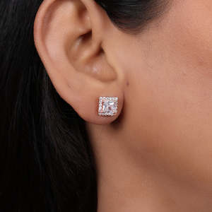 Trendy Women's Square <b>Stud</b> Earrings Cubic Zirconia Pearl Rose Gold Plating Geometric Religious Design for Parties Brass Jewelry - Product Image 1