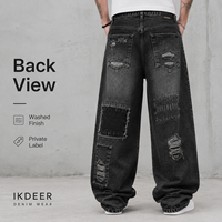 Jeans en denim à jambes larges, patchwork noir délavé, style vintage streetwear, IKDEER