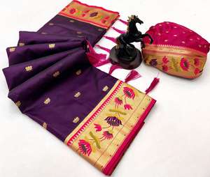 Sari de Seda Suave Premium, Paithani de Loto Puro, Hecho a Mano por Fabricantes Indios, Artriddh, Reversible, Casual, para Bodas y Diwali - Product Image 1