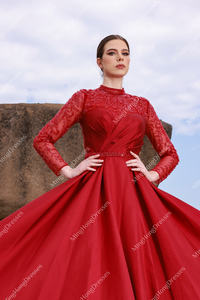 أنيق فستان زفاف رسمي أحمر طويل الأكمام لينة الساتان طول الكلمة مطرز مأدبة حفلة موسيقية فساتين السهرة - Product Image 3