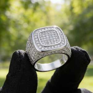 Round Brilliant Cut Moissanite Diamond Iced Out Square <b>Signet</b> <b>Ring</b> Hip Hop For <b>Men</b> Wear In 925 Sterling <b>Silver</b> - Product Image 1
