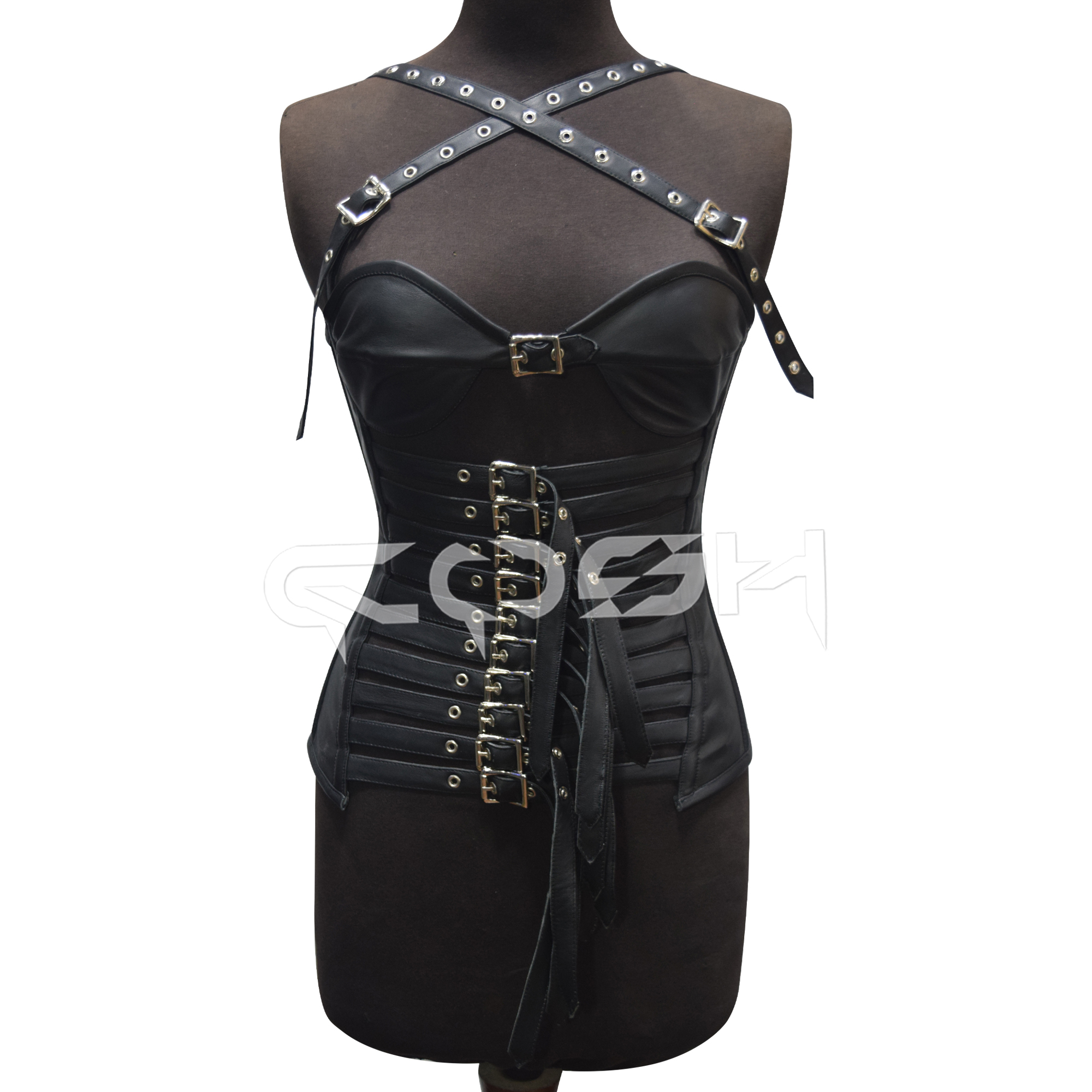 Black Leather Breathable Rivet Bondage Harness Corset