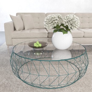 Mesa de Centro Ecológica de Metal Verde Geométrico y Vidrio para Cafeterías, Áreas de Espera de Oficinas, Salas de Estar Modernas, Procedente de la India - Product Image 2
