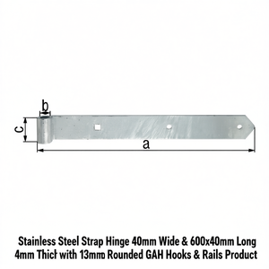 Stainless Steel Strap Hinge 40mm Wide & 600x40mm Long 4mm Thick with 13mm Rounded GAH <b>Hooks</b> & <b>Rails</b> Product - Product Image 3