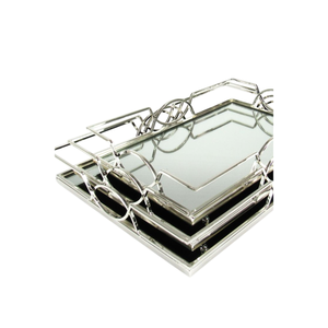 Modern <b>Round</b> Silver <b>Mirrored</b> Storage <b>Tray</b> Polished Nickel Metal Geometric Ringed Decorative <b>Tray</b> For Home Decor And Events Sale - Product Image 4