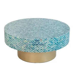 Luxury home furniture seashell inlay round coffee table mother of pearl mosaic tables in blue seashell and gold base