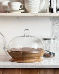 Wooden Cake Stand With <b>Glass</b> Dome Designed To Complement Contemporary Kitchen Countertops <b>Dining</b> <b>Tables</b> And Home Decor - Product Image 1
