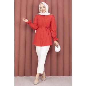 Chemise Rouge Chic Décontractée à Lacets avec Détail Fisto en Tissu Popeline Satinée Tricotée, Tissée Quotidienne, Taille XL pour Printemps/Été - Product Image 1