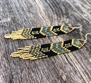 Triangle Fringe Tassels - Olives, <b>Turquoise</b>, Black and Golds - Handwoven Beaded Seed Bead <b>Earrings</b> - Product Image 2
