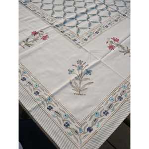 Jannat respetuoso con el medio ambiente Handblock estampado de lona de algodón mantel ajustado azul/gris 6/8 plazas para hoteles sala de estar comedor - Product Image 4