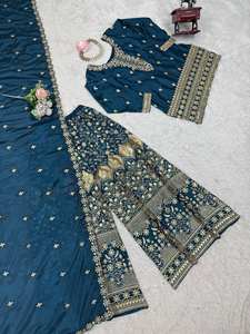 ชุดคุรติสออกแบบหรูหราสำหรับงานปาร์ตี้และเทศกาล ชุดสาหรี่แบบดั้งเดิม ดีไซน์ใหม่ล่าสุด ผ้าไหมชิโนน ราคาสุดคุ้ม - Product Image 3