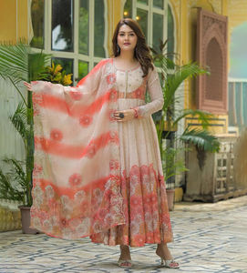 Indian Trendy Anarkali <b>Kurti</b> Gown Dupatta Wedding Partywear Suit <b>Women</b> Long Banglory Silk Embroidery Floor-Length Work Wedding - Product Image 1