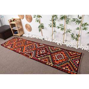 Orange Red Vintage Turkish <b>Rug</b> Large Area 2.6 X 9.7ft Bohemian Style Classic Wool Latex Patchwork for <b>Hallway</b> Room Decor - Product Image 1