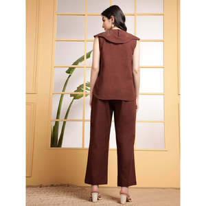 Deebaco Women's Brown <b>Linen</b> Cotton Sleeveless <b>Top</b> With Embroidered Pants Co-Ord Set Casual Spring Summer Loose Fit Two Piece Set - Product Image 5
