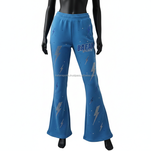 Pantalones Acampanados de Mujer de Alta Calidad, Mezcla de Algodón y Felpa, 300 GSM, Acabado Liso, Color Azul, Logotipo Serigrafiado - Product Image 4