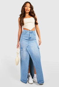 Jupe courte en jean taille haute pour femme, style décontracté d'été, avec fermeture éclair, fente haute, coupe trapèze, bleu délavé - Product Image 4