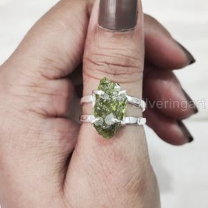 Rough Stone Jewelry Women's Ring Natural Raw Peridot Gemstone August Birthstone Hammered Two Band Ring 925 Sterling Silver Ring - Product Image 2