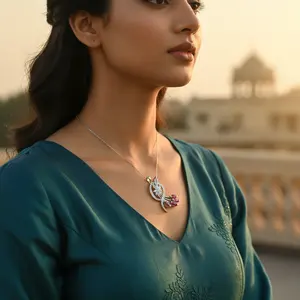 Colgante de Plata 925 Hecho a Mano con Rubí para Mujer, Diseño Floral, Patrón de Gota de Agua, Material Oro Rosa, Estilo Religioso - Product Image 3