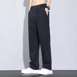 Pantalon long à jambes larges décontracté tendance d'été pour hommes Simple taille moyenne fermeture éclair braguette Cool lâche droite plate conception peignée - Product Image 5