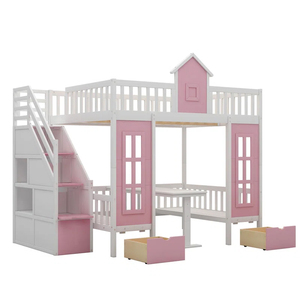 Wholesale Wooden Full <b>Over</b> Full Bunk Bed in Pink Color with Drawers <b>Desk</b> Bookcase Cabinets <b>Shelves</b> Built-in Stairs for Girl - Product Image 4