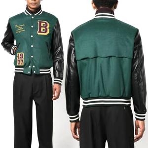 Veste universitaire personnalisée pour hommes, col montant, manches en cuir de laine verte, baseball, letterman, patchs en chenille, veste en cuir de laine verte - Product Image 4